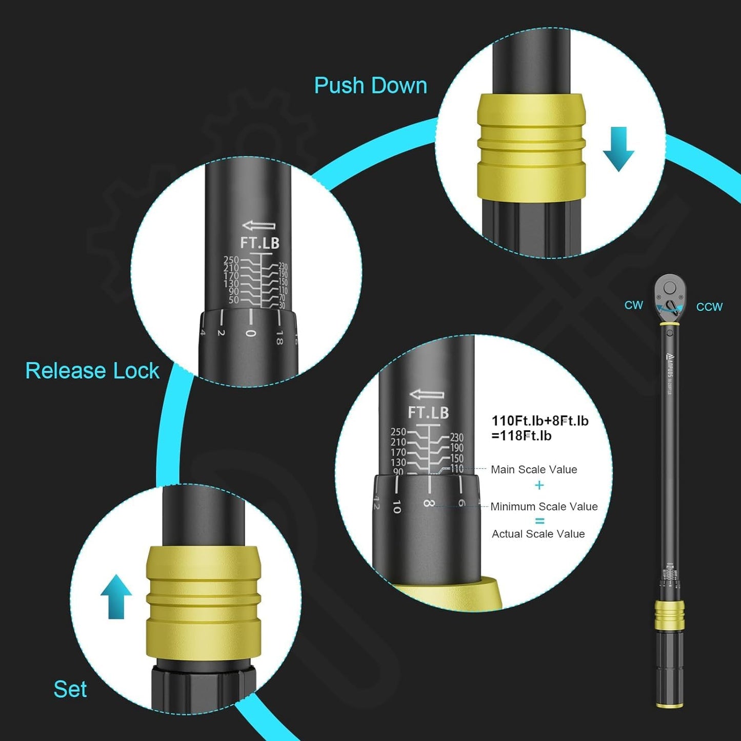 ANPUDS 1/4 3/8 1/2-inch Drive Torque Wrench, 5 Pcs Click Torque Wrench Set, 20-240in.lb, 10-110＋30-250Ft.lb with 2 Adapters, Dual-Direction, 72-Tooth, Dual Range Scales for Bike, Motorcycle, Car