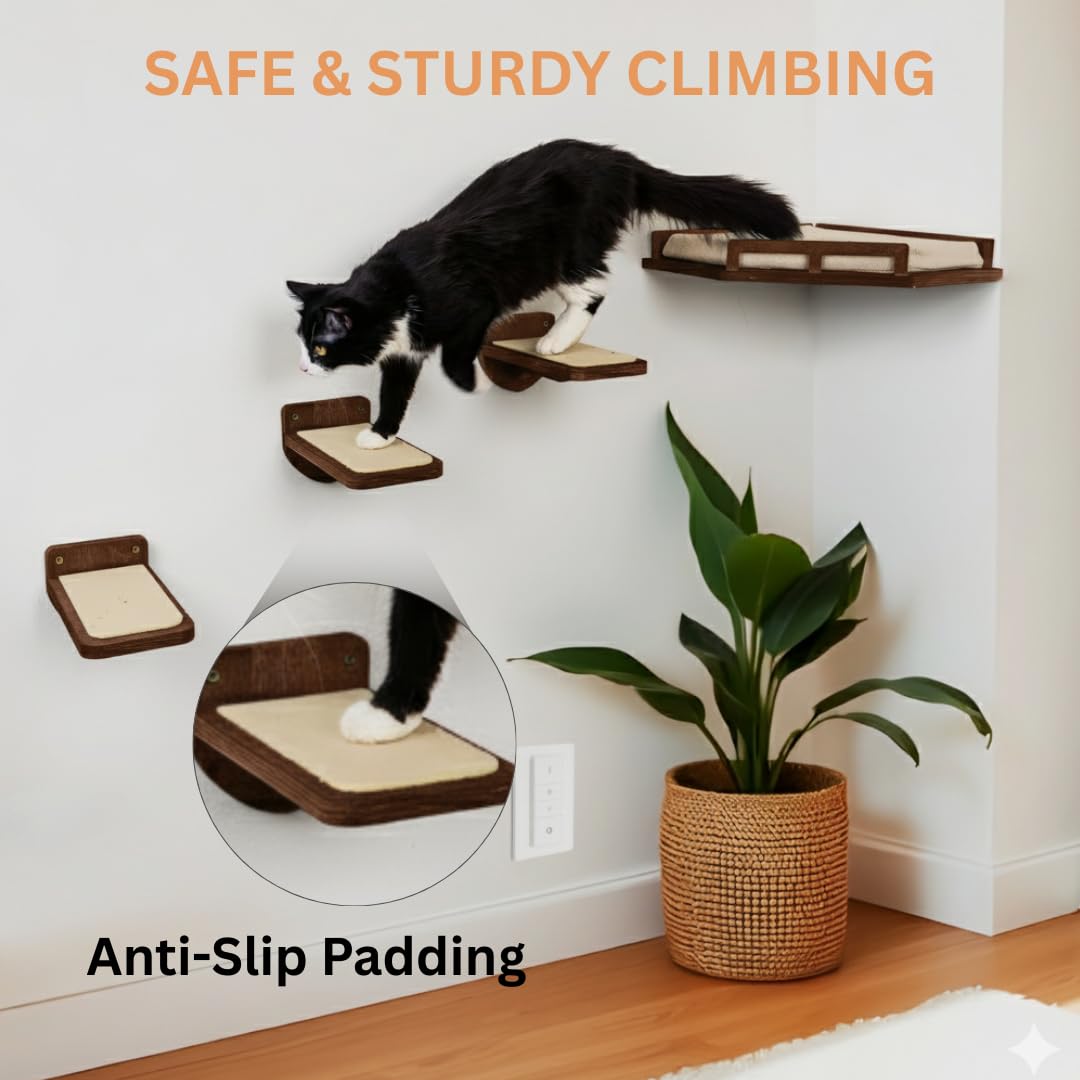 INICIO Cat Wall Shelves - Modern and Durable 3 Step Cat Furniture for Wall - Stylish Birch Floating Shelf for Cats up to 15lbs - Wooden Corner Shelves with Cushioned Perch - Brown