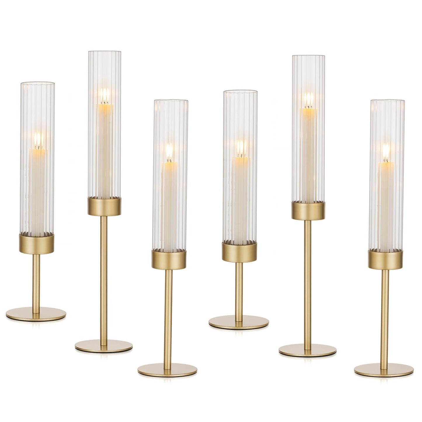 Hewory Gold Hurricane Candle Holders: Brass Candlestick Holders Set of 6 Tall Taper Candle Holders for Candlesticks Candle Sticks Holder Decor for Table Centerpiece Wedding Party Christmas Decorations