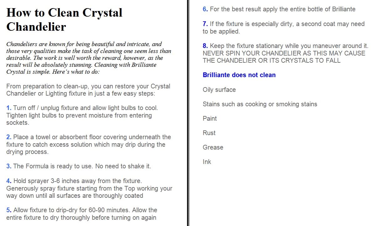 Brilliante Crystal Chandelier Cleaner Manual Sprayer 32oz Environmentally Safe, Ammonia-free, Drip-dry Formula, Made in USA