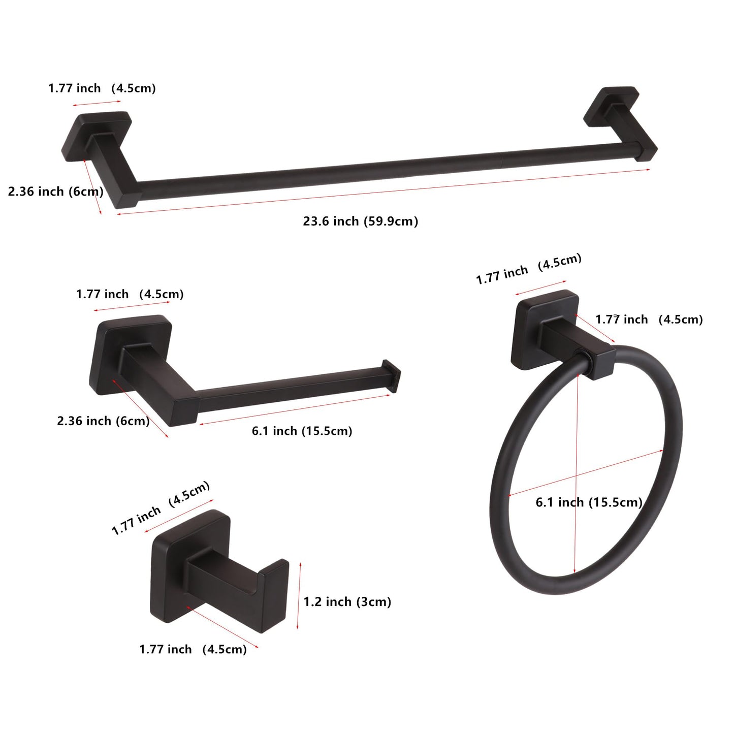 Ntipox 5 Pieces Matte Black Bathroom Hardware Accessories Set,23.6 Hand Towel Bar Set Black, Toilet Paper Holder, Towel Ring,Towel Rack Set Matte Black for Bathroom