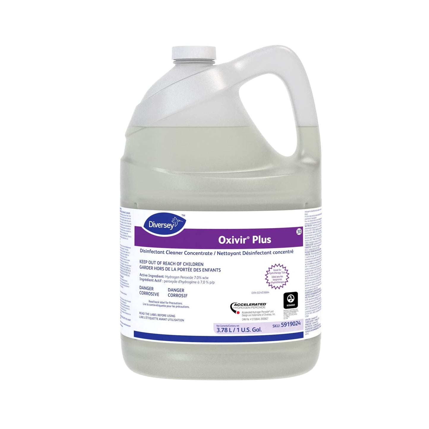 Diversey 5919024 Oxivir Plus Disinfectant Cleaner, Hospital Strength Hydrogen Peroxide Sanitizer for Hydrotherapy Tubs & Hard Surfaces, Unscented, Liquid Concentrate, 3.78-Liter