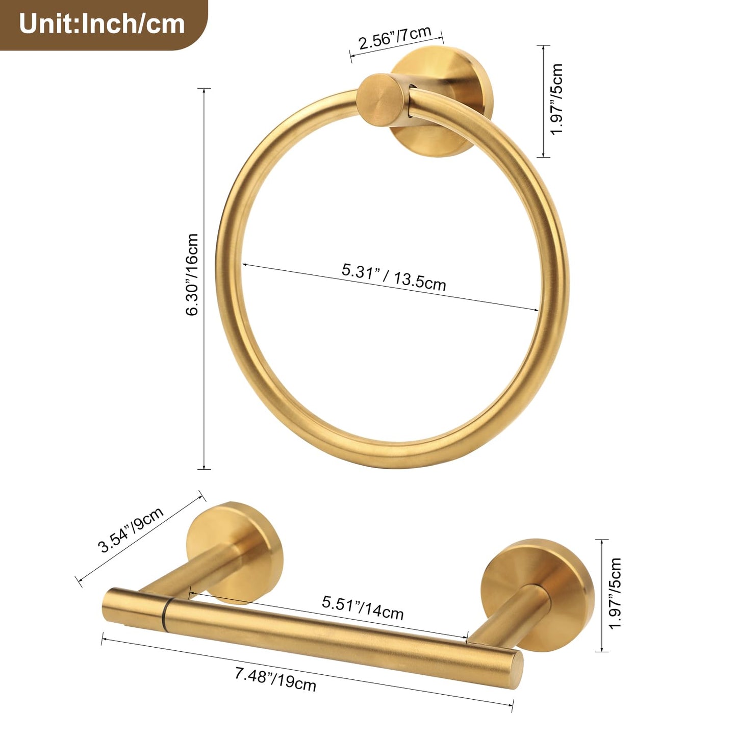 Ntipox Brushed Gold Toilet Paper Holder Set, Stainless Steel Towel Ring, Double Post Pivoting Toilet Paper Holder and Hand Towel Holder Set for Bathroom