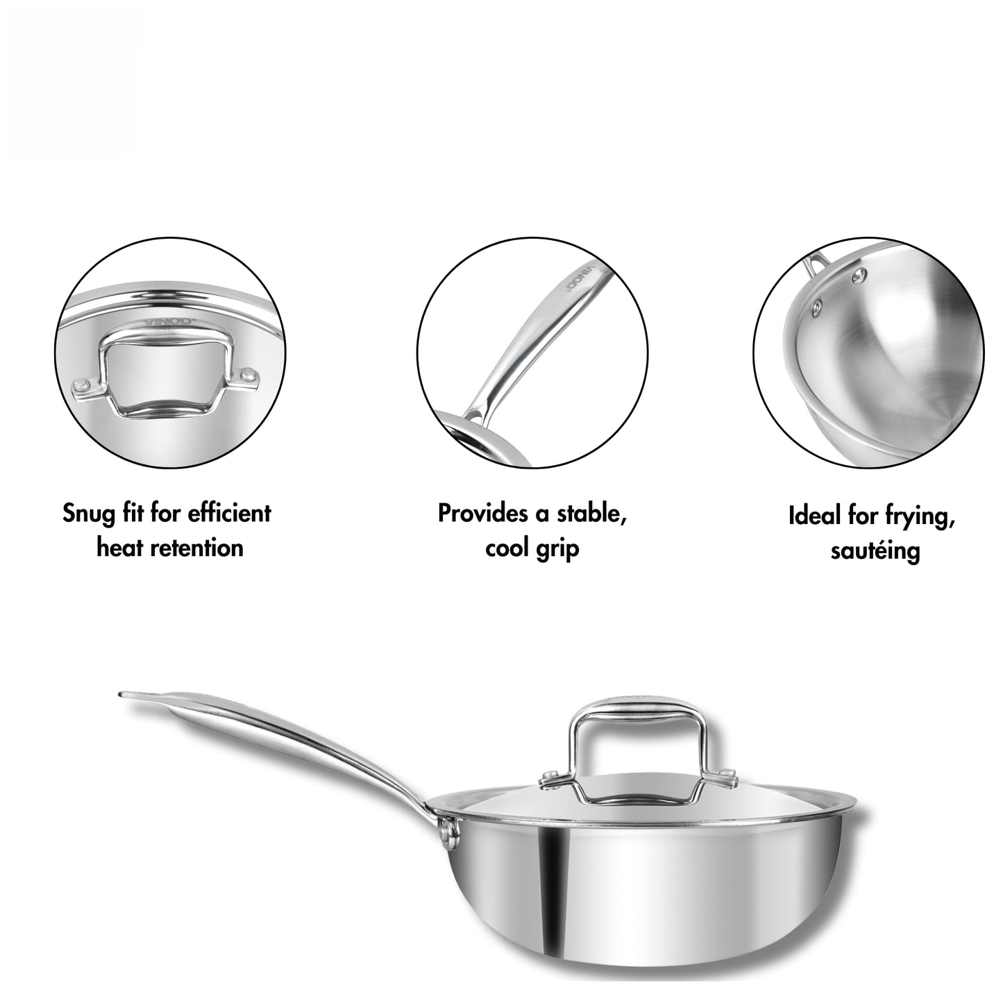 Vinod Platinum Triply Stainless Steel Wok with Lid 22 cm | Deep Skillet Pan with Riveted Sturdy Handle | Induction and Gas Frying pan, Dishwasher & Oven Safe | Ideal for Frying, Sautéing-Silver