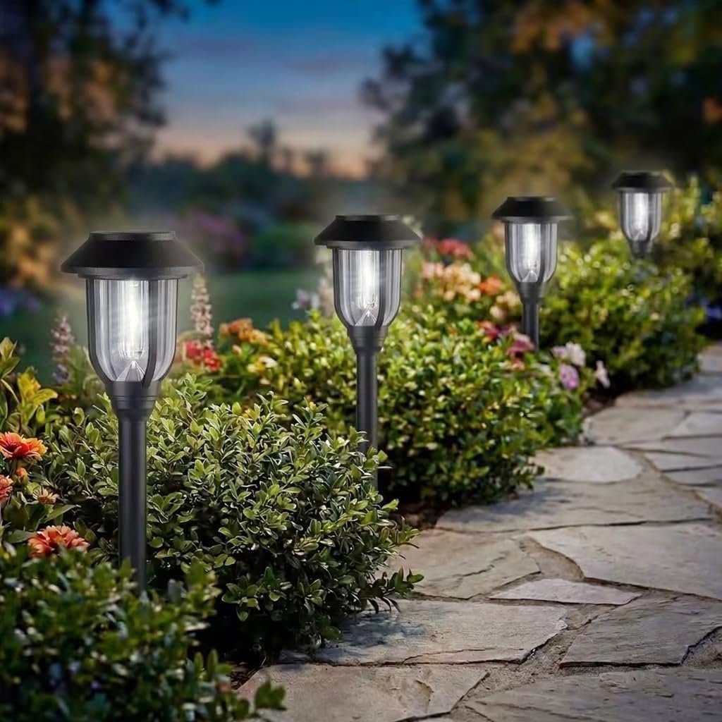 Solar Lights Outdoor Waterproof 8 Pack, 6000K Cool White Solar Pathway Lights, Auto On/Off,Solar Lights for Walkway Black Stainless Steel Landscape Lighting for Walkway Driveway Yard Garden Patio
