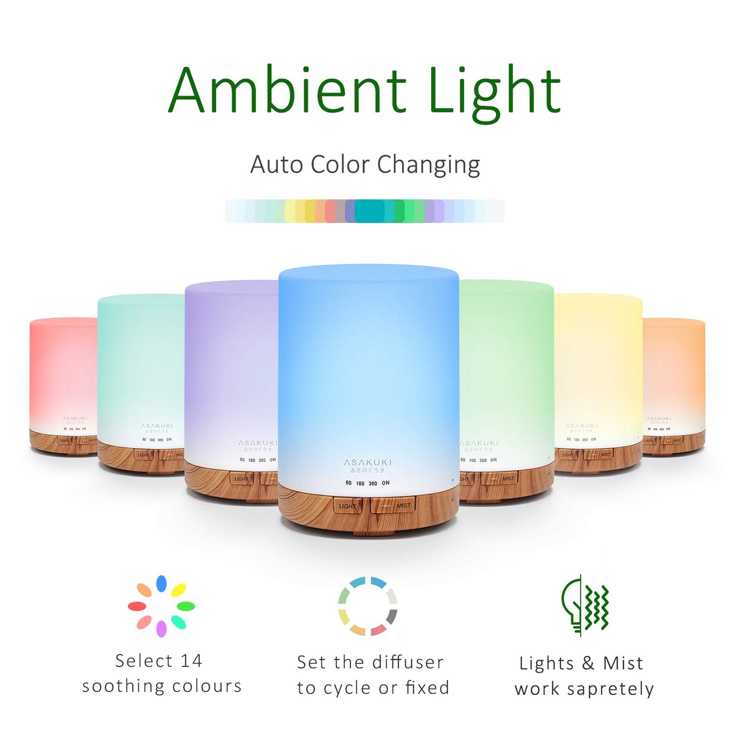 ASAKUKI 300 ml Aromatherapy Diffuser, Ultrasonic Cool Mist Essential Oil Diffuser with 7 Color Lights, Auto Shut-Off for Home Bedroom Office Gift Set