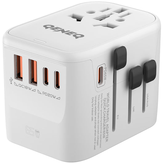 65W Fast GaN Universal Travel Adapter International Power Adapter with 2 QC USB A 2 PD USB C European Travel Plug Adapter US, UK, EU, AU Worldwide Travel Charger for Laptops, Tablets, Phones (White)