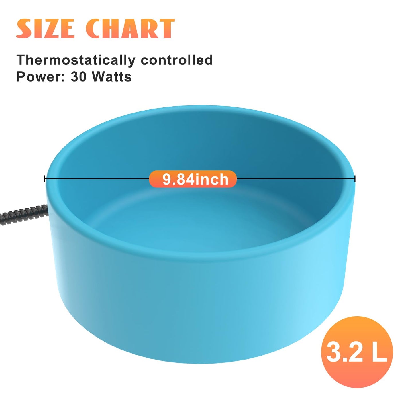 Heated Pet Bowl - KOKOPRO 3.2L for Dogs Cats, Heated Pets Bowl, Outdoor Water Bowl for Rabbit Chicken Duck Squirrel, 108 Ounces 30 Watts Feral Cat Feeding Station, No More Frozen Food or Water