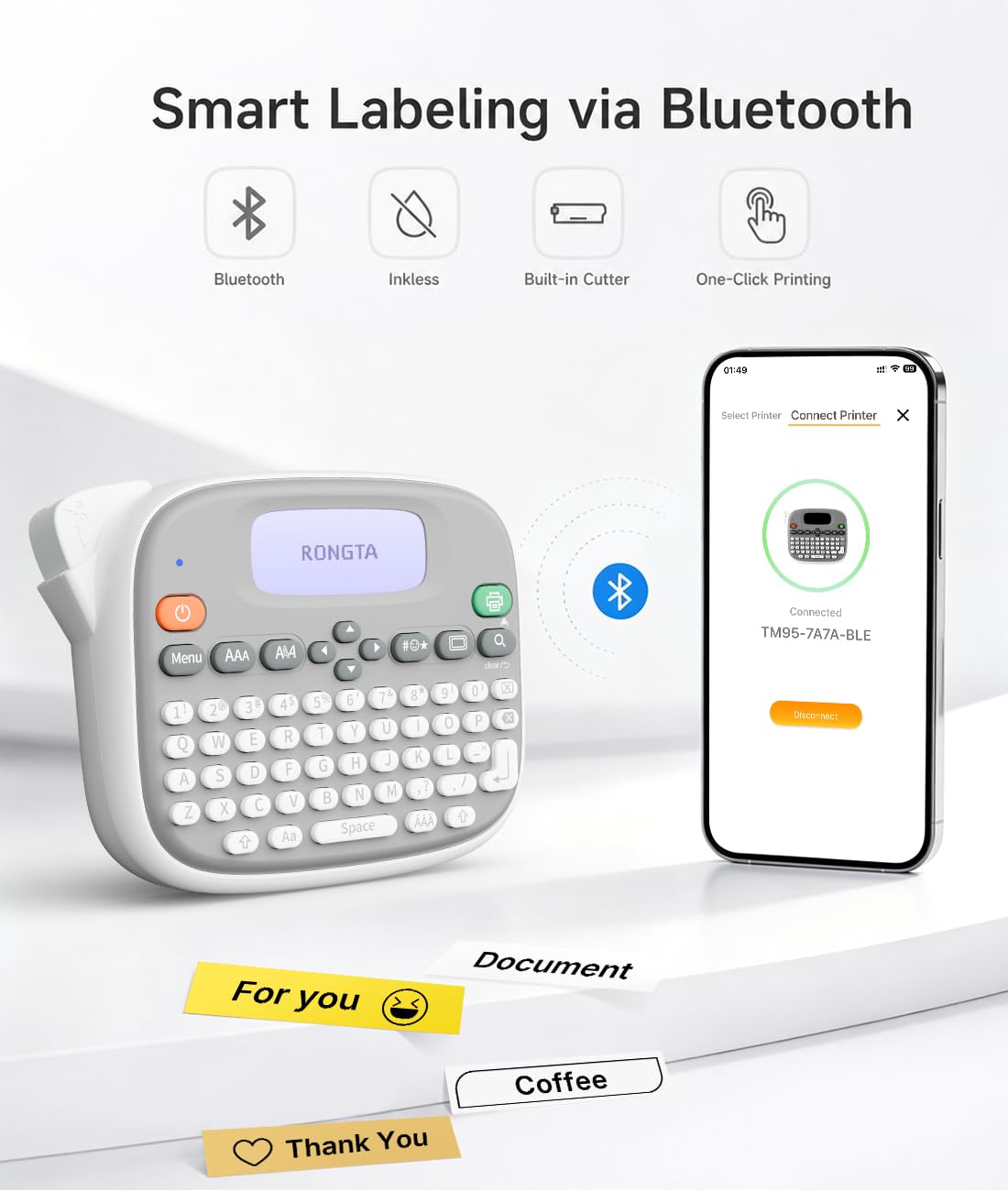 Rongta Label Maker Machine with Tape, Bluetooth Label Waterproof Labels, TM95 12mm Portable Labeling Maker Home Organization for Office School Teacher Supplier (Label Maker with 1 Tape, White)