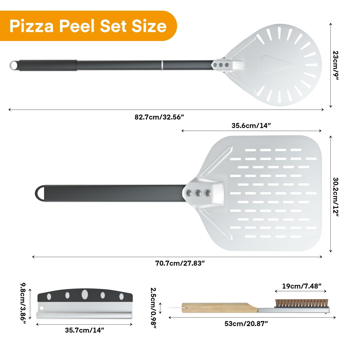 4PCS Pizza Oven Accessories, Yofuly 12 Inch Perforated Pizza Peel, 9 Inch Round Turning Peel, Stone Cleaning Brush with Scraper, Rocker Cutter, Homemade Pizzas Supplies Tools Kit