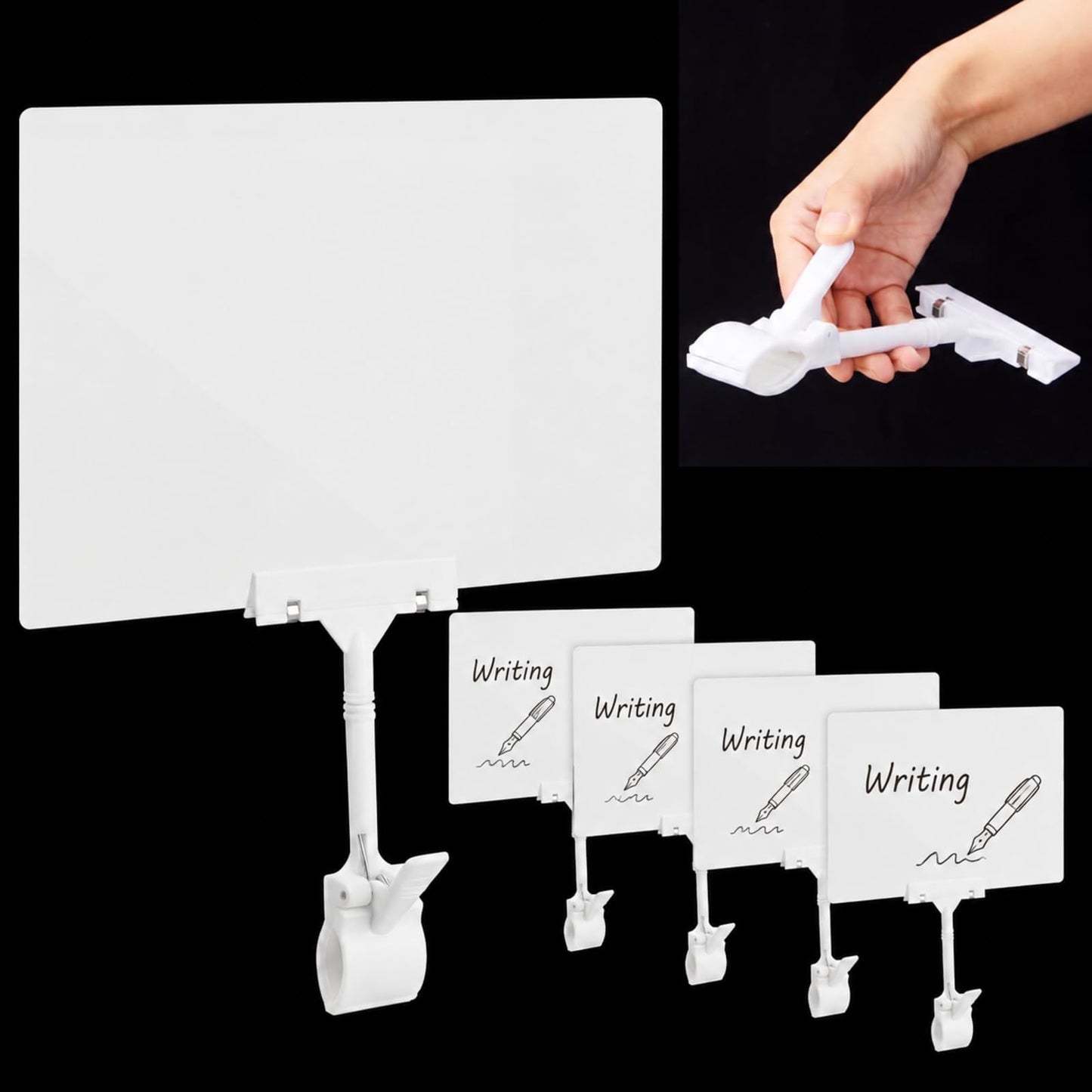 Suzile 4 Pcs 11 x 7 Inch Acrylic Sign Holder with Clamp Clip on Double Head Swivel Sign Rotating Price Holder Display White Erasable Merchandise Sign Display Clip for Supermarket Business Store