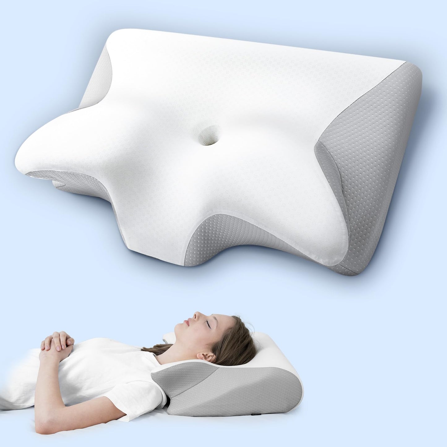 HOMCA Memory Foam Pillow, 2 in 1 Pillow for Sleeping, Neck Support Pillows for Side Back Stomach Sleepers with Breathable Pillowcase(Light Gray)