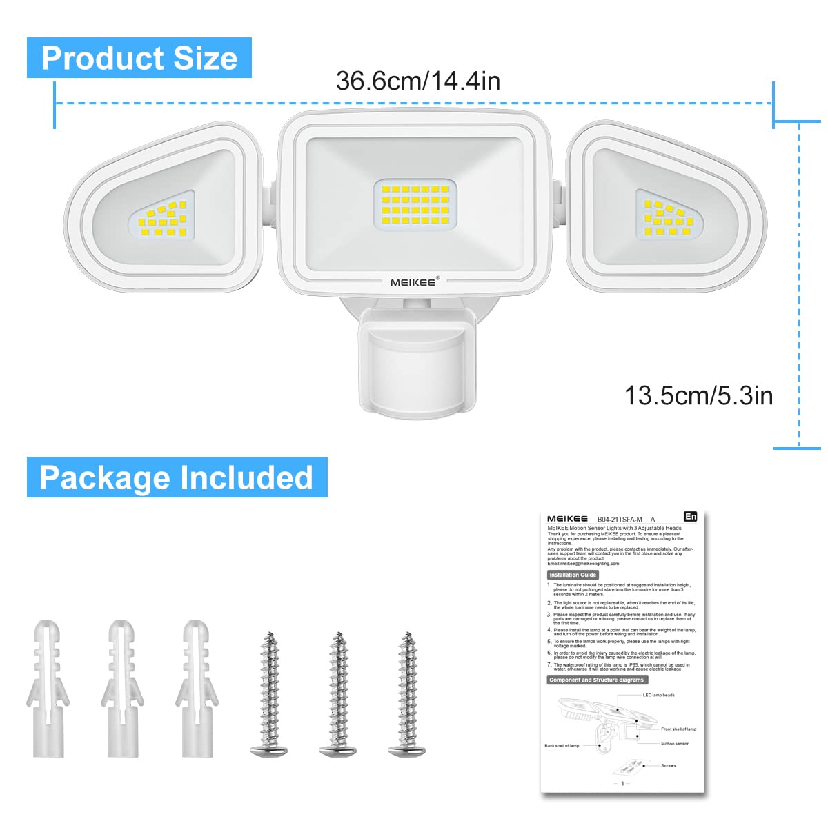 Motion Sensor Light Outdoor, MEIKEE 42W 3600LM LED Security Flood Lights, IP65 Waterproof 6500K, 3 Adjustable Heads Motion Detected Outdoor Lighting for Garage, Yard, Patio, Pathway