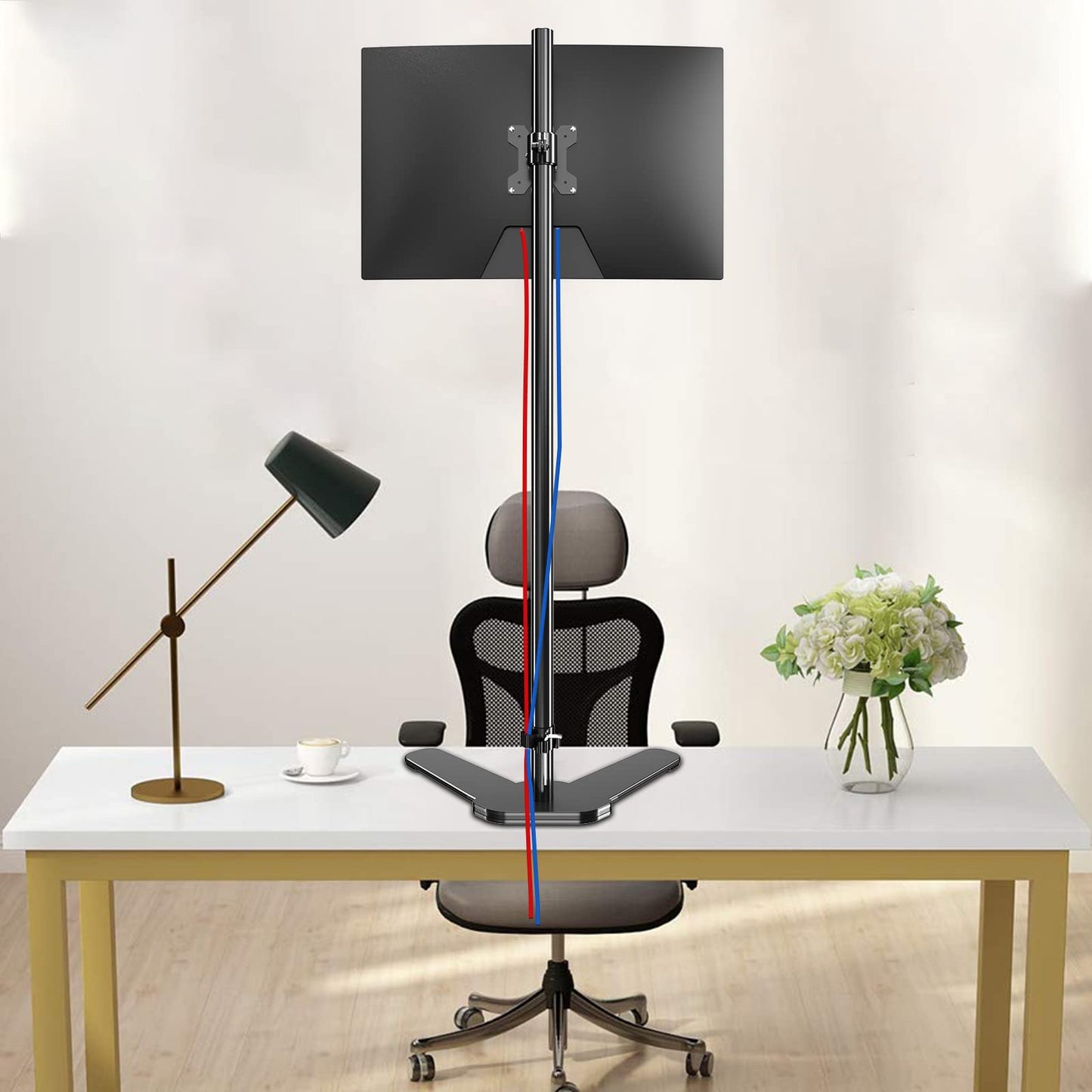 Pholiten Extra Tall Monitor Stand with 47inch Pole，Floor Monitor Stand, Free-Standing Monitor Desk Mount Support 13 to 27 inch Screen,20lbs,Heavy-Duty Fully Adjustable Arms with Max VESA 100x100mm