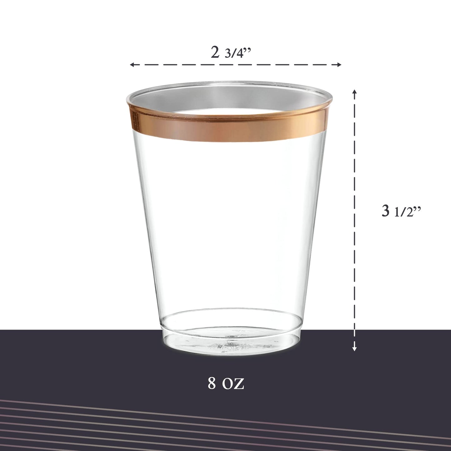 PLASTICPRO Disposable 8 oz Crystal Clear Plastic Tumblers With Rose Gold Rim for Party's & Weddings pack of 100