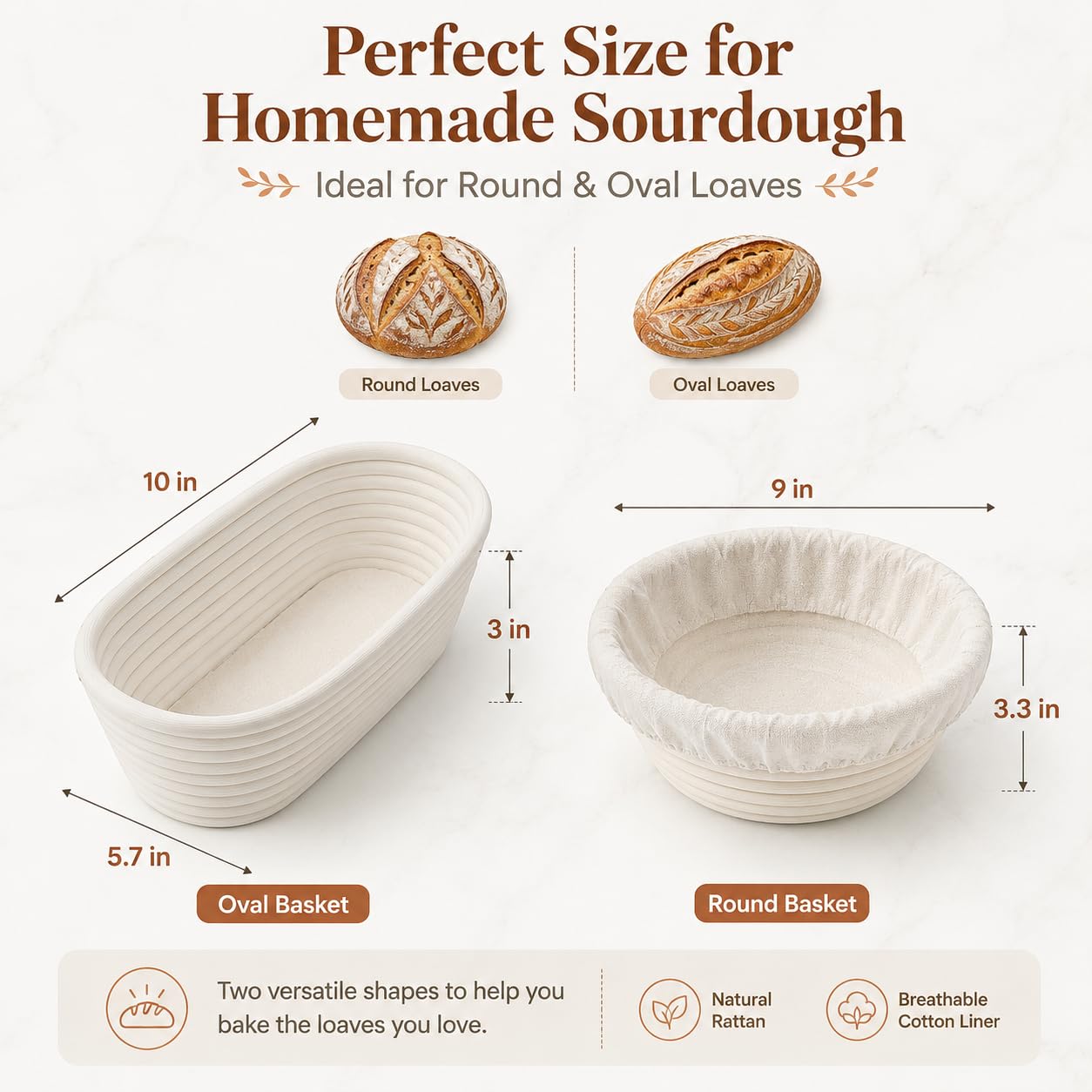 Sourdough Bread Starter Kit, 15-Piece Banneton Proofing Basket Set with Round & Oval Bread Baskets, 600ml Starter Jar, Dough Whisk, Bread Lame, Silicone Mat, Stencils and Bread Bags for Beginners