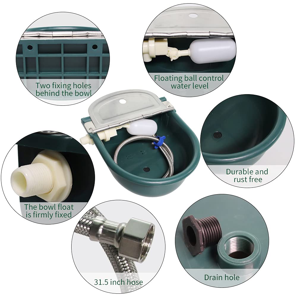 Automatic Water Bowl Plastic Livestock Stainless Steel Cover Waterer Dog Drinking Cattle Horse Drinker with Float Valve & Drain Plug & 1/2 Inch Pipe (Green)