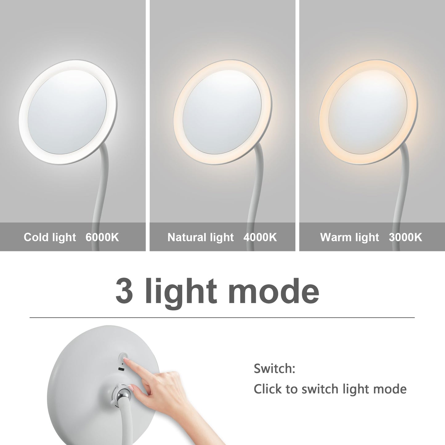 6.5" Clip on Vanity Makeup Mirror with Light, gooseneck Travel 10x Magnifying Mirror,USB Recharge (White 10X)