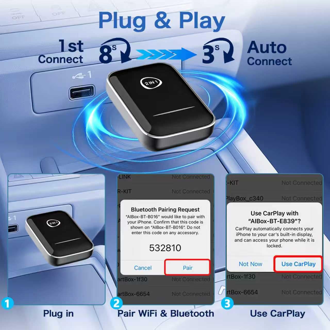 ORYHN 2-in-1 Wireless CarPlay & Android Auto Adapter, Mini USB Plug and Play Dongle, Converts Wired to Wireless with Fast Auto-Connect, for iPhone iOS 10+ and Android Auto Cars