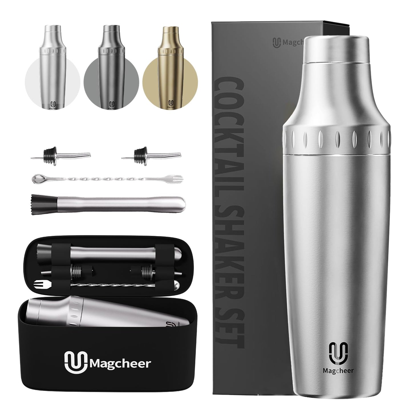 Magcheer Hybrid Cocktail Shaker Set | Vacuum Insulated Stainless Steel Martini Shaker with Strainer & Jigger Lid | Travel Cocktail kit with Bartender Accessory Tools | 30oz | Silver