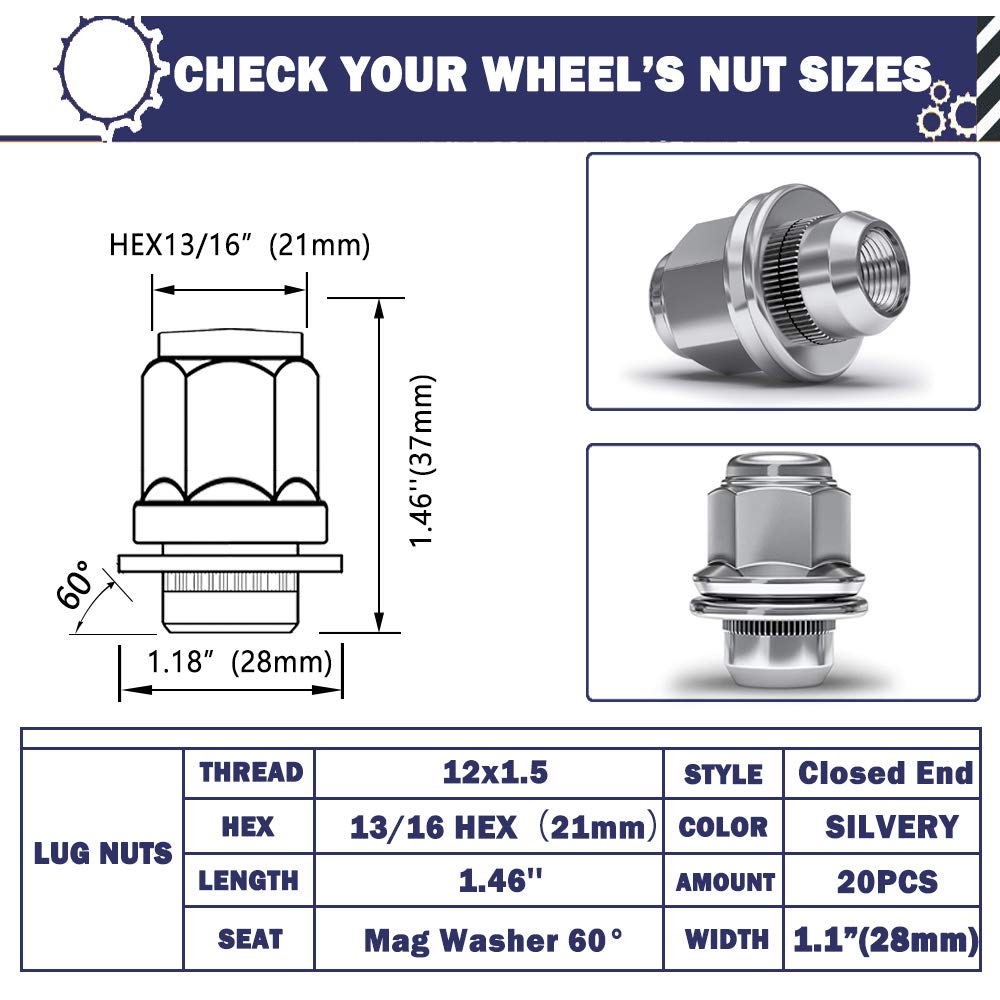 EOTH 24PCS M12x1.5 Chrome Wheel Lug Nuts, 21mm Hex 1.46" (37mm) Length with Mag Seat and Washer, Black Lug Nuts for Tacoma/4 Runner/SR5/TRD/FJ Cruiser/GX, OEM+Factory Replacement