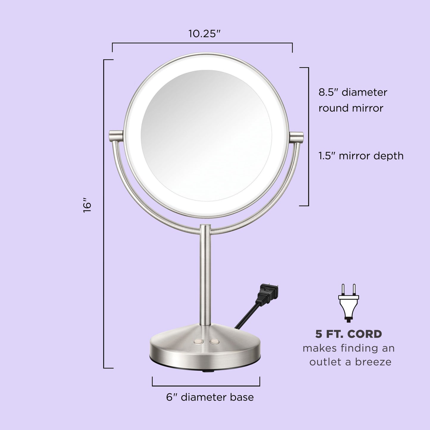 Conair Lighted Makeup Mirror, Double-Sided LED Vanity Mirror with 1X/10X Magnification, 3 Light Settings, 3 Modes, 360° Rotation, Satin Nickel Finish
