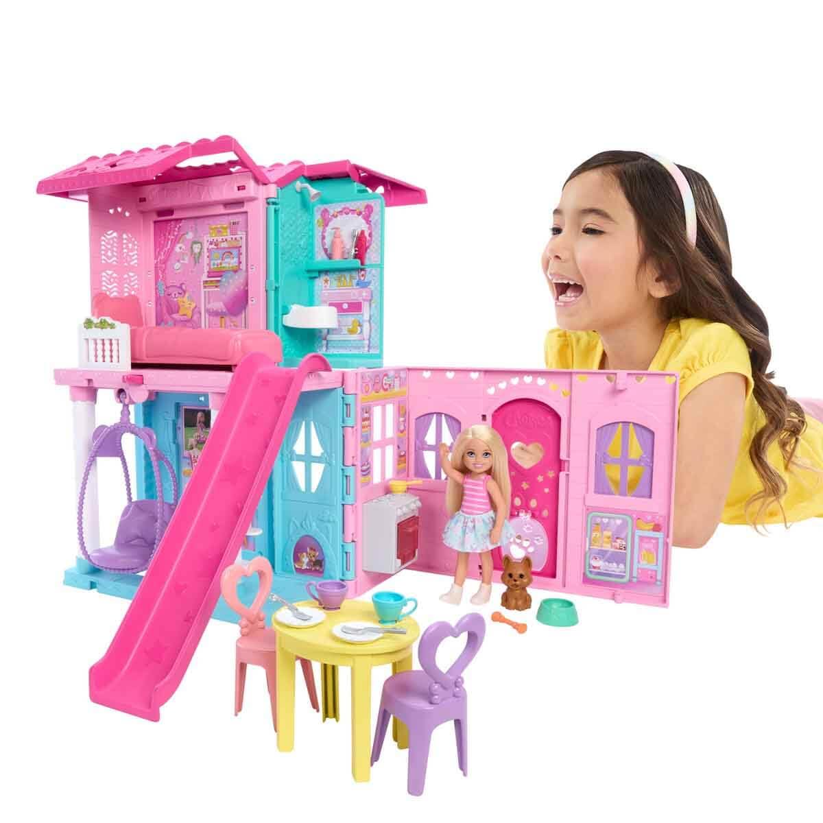 Barbie Chelsea Toy Dollhouse with 15+ Accessories, Pop-Up House Expands to 17+ x 13+ inches with 5 Play Areas & Slide, Includes Small Doll & Pet Dog
