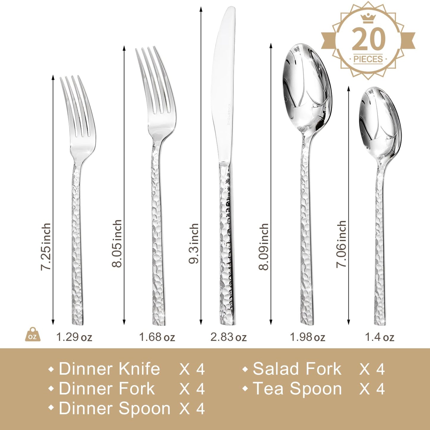 KINGSTONE 20 Piece Hammered Cutlery Set, 18/10 Stainless Steel Flatware Set for 4, Silverware Set for Home, Party, Wedding, Mirror Polished Dishwasher Safe
