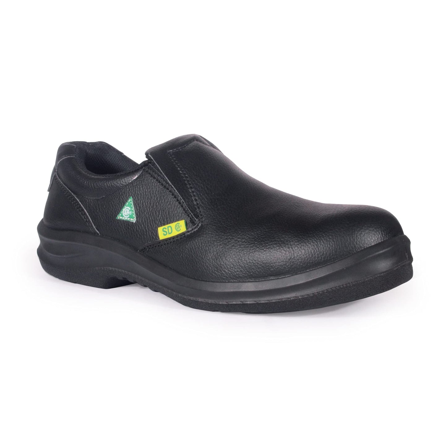 KPR Men's O807 CSA Approved Microfibre Faux Leather Green Triangle Slip Resistant Slipon Comfort Vegan Safety Loafer Clogs Shoes,Black Men's US 12