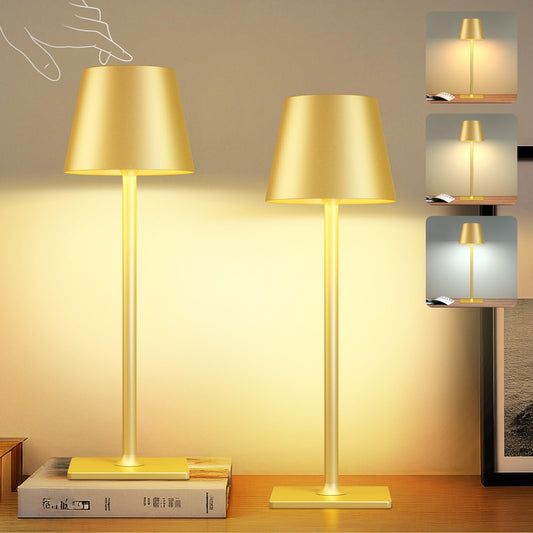 2 Pack Gold Cordless Table Lamp - 6000mAh Battery Operated Touch Lamp with 3 Color Stepless Dimming, Waterproof & Wireless for Indoor & Outdoor Use, Perfect for Living Room Camping Café Patio
