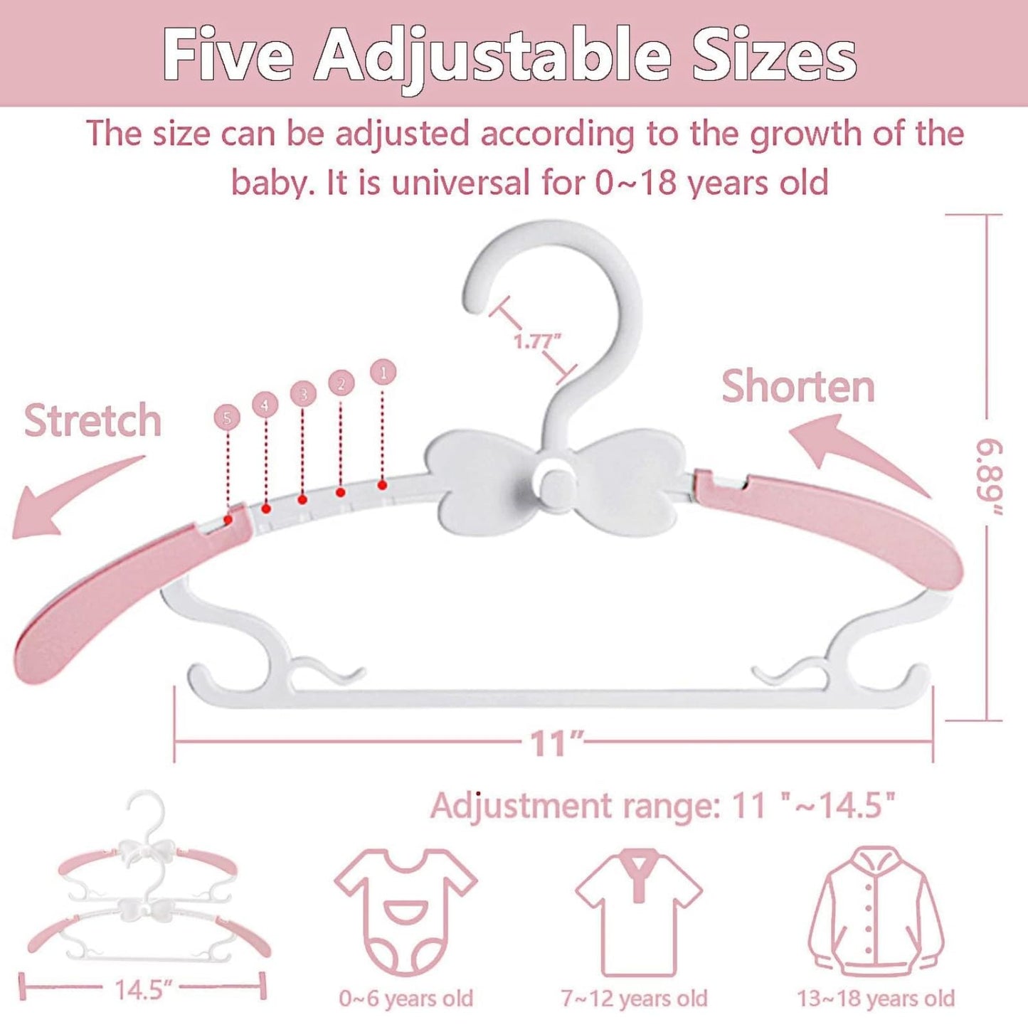 VSV stoage Baby Hangers, Kids Hangers with Stackable Hooks, Baby Clothes Hanger with Adjustable 28-37cm Arms, Bebe Cintre Pour Vêtements for Girls Dress Cloest, Pink Hangars for Toddler Cintre Enfant
