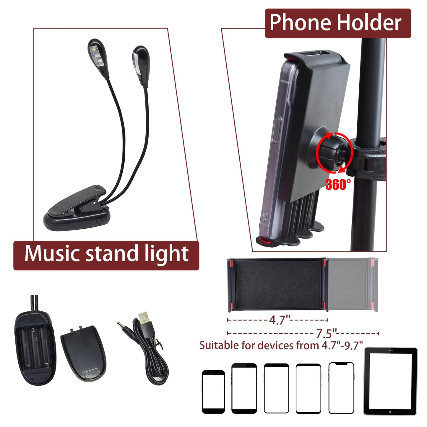 70" Sheet Music Stand with Light and Phone Holder, Music Stand for Sheet Music High Stability, Height Adjustable Portable Music Sheet Stand with Carrying Bag(33-70inch,Plate without hole)