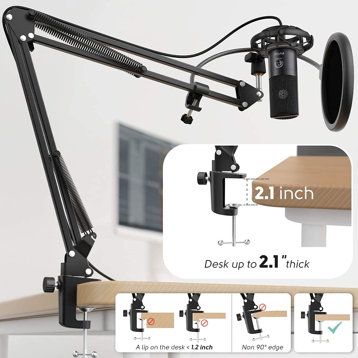 Fifine USB Podcast Microphone Kit for PC Computer, Studio Condenser Mic with Boom Arm, Gain Control, Shock Mount for Recording, Voiceover, Video on Tiktok YouTube Video-T669