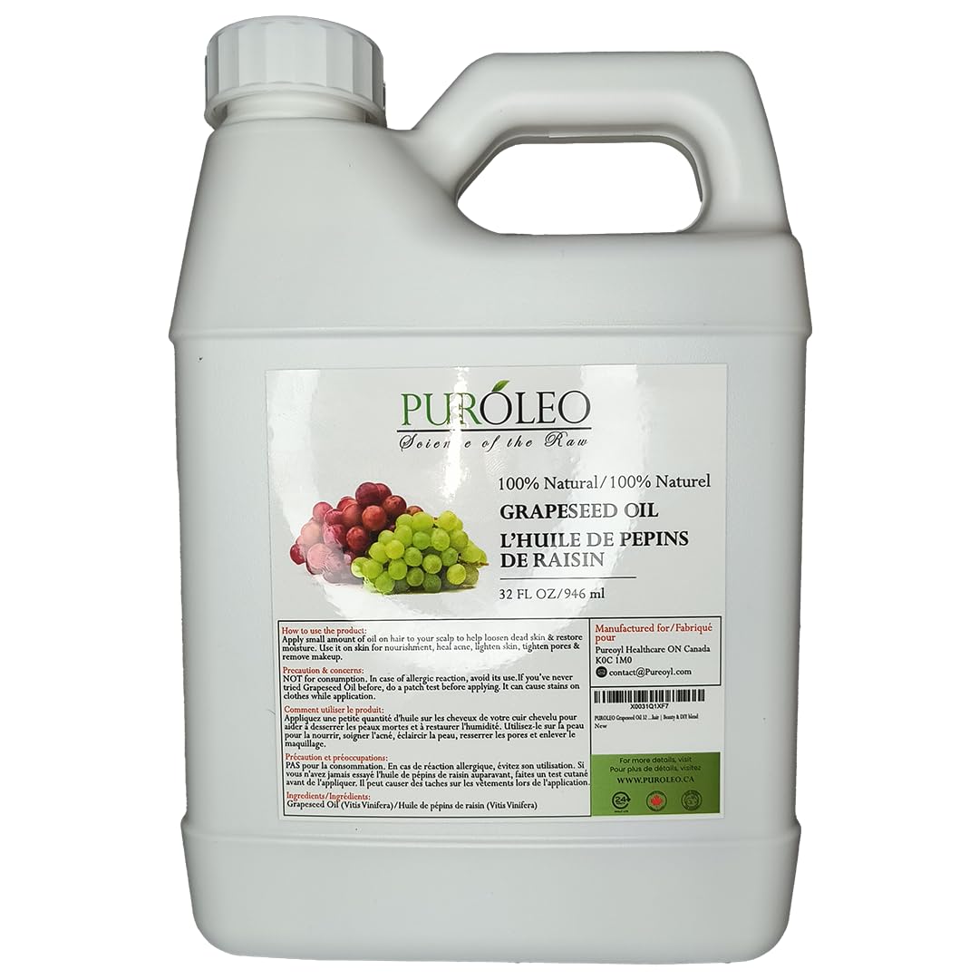 PUROLEO Grapeseed Oil 32 Fl Oz/946 ML (Packed IN CANADA) | Pure Moisturizer Carrier Oil massage oil baby oil hair oil body oil baby oil hair care Oil for hair | Beauty & DIY blend 100% Natural