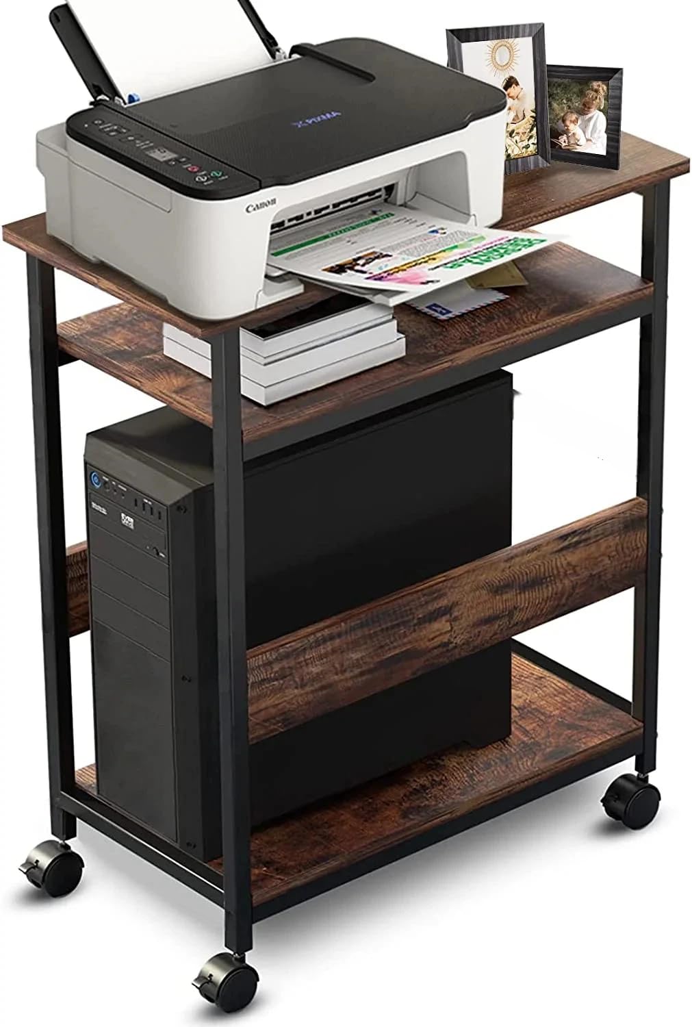 Printer Stand, Printer Rack with Casters, Desk Side Cart, Mobile Printer Stand, Wooden Cart with Rack, Brown