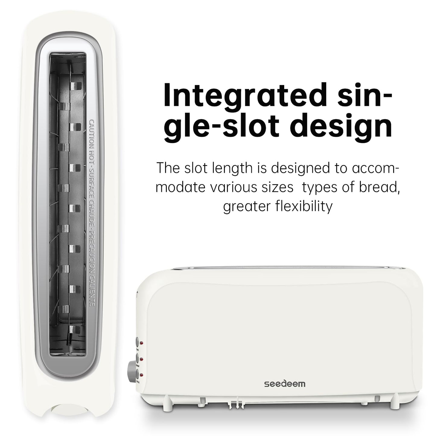 SEEDEEM 2 Slice Slim Toaster, Single 10" Long Slot Toaster Fits Bagels & Artisan Bread, 6 Shade Settings, Cancel/Reheat/Defrost, Removable Crumb Tray, Auto Shut-Off, White