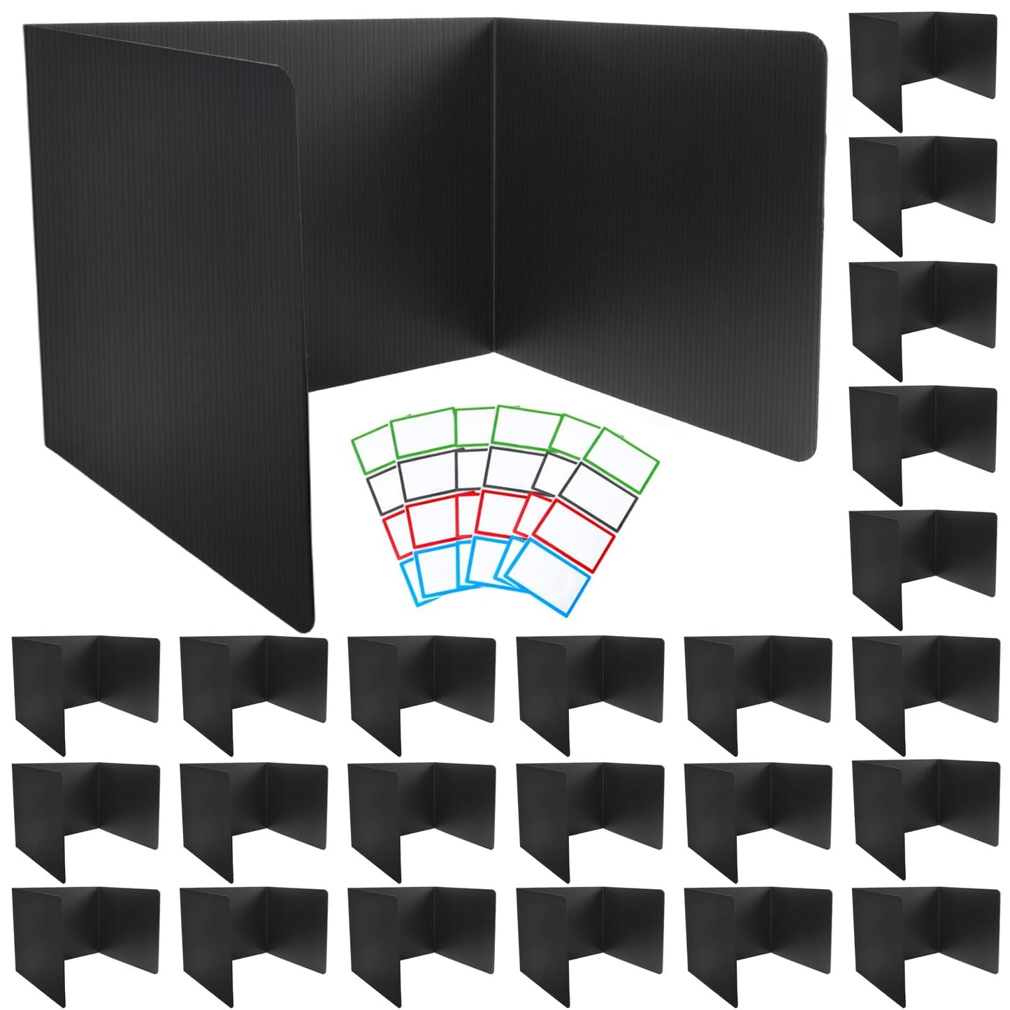 Noliven 24 PCS Student Desk Dividers, Durable and Waterproof Plastic Study Board, Privacy Shields Folders with Sticker Labels, Easy to Clean, for Test, Study, Home, Black