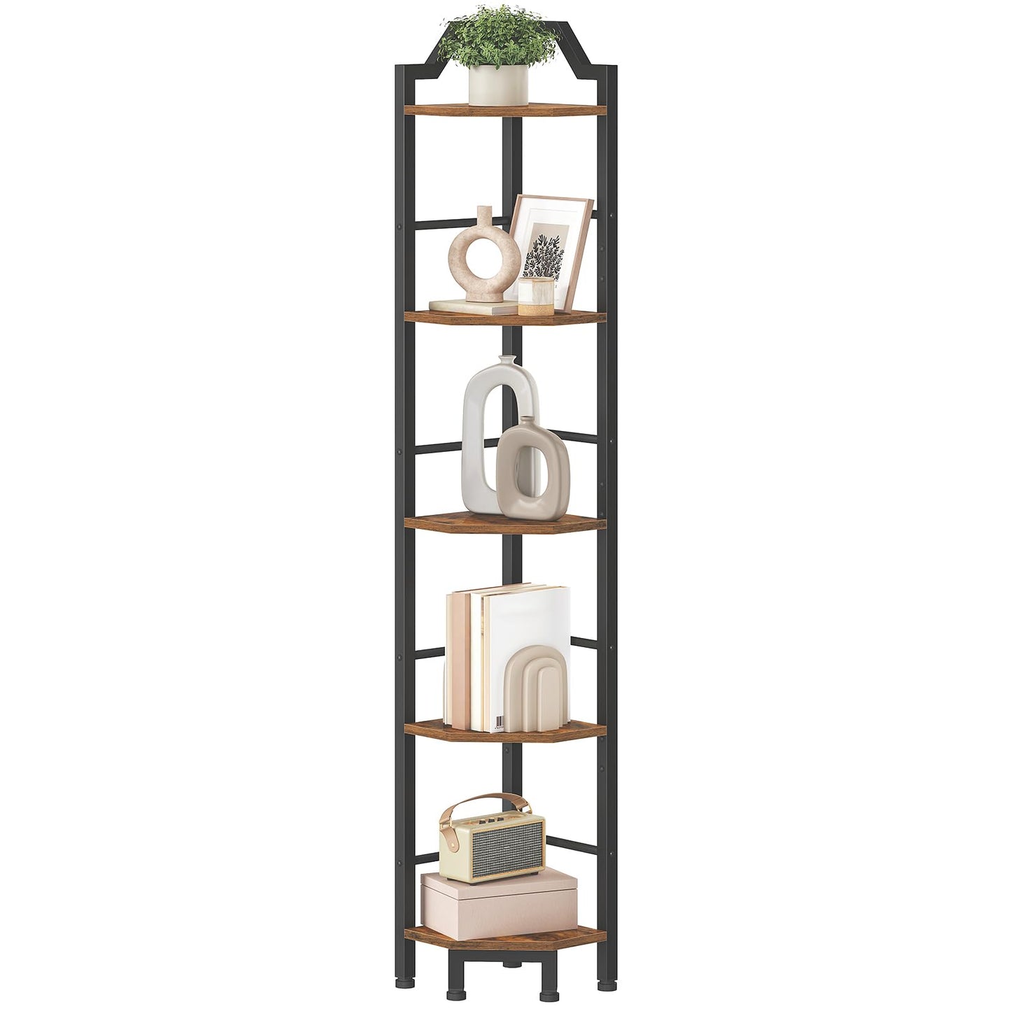 HOOBRO Corner Shelf, 5-Tier Corner Shelf Stand, Standing Display Shelf, Corner Bookcase Shelving, for Living Room, Bedroom, Study, Kitchen, Rustic Brown and Black BF100CJ01