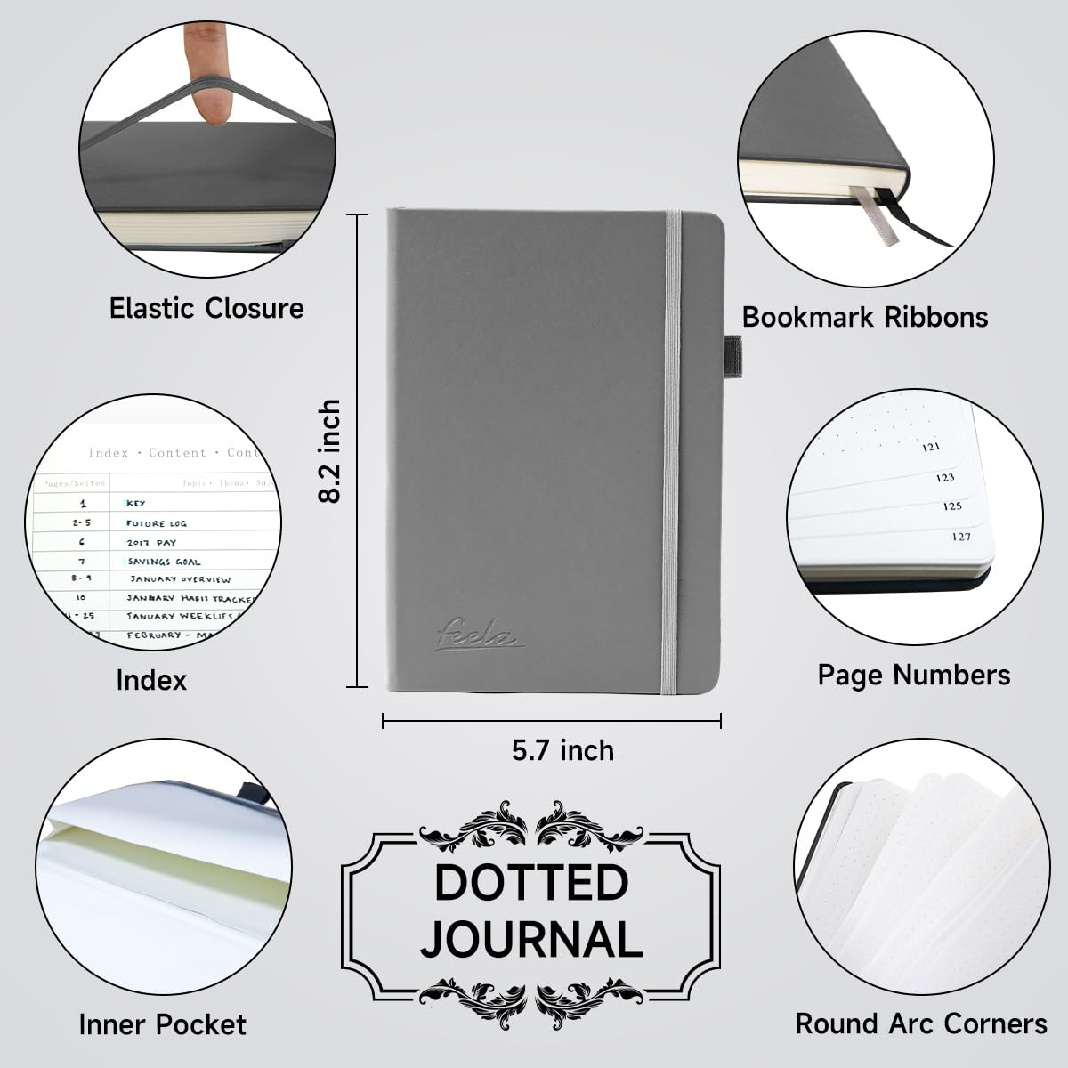 Dotted Journal Set, 224 Numbered Pages Faux Leather A5 Grid Hard Cover Gray Notebook Planner with Index Inner Pocket, Abundant Accessories for Beginners Planner Schedule by Feela