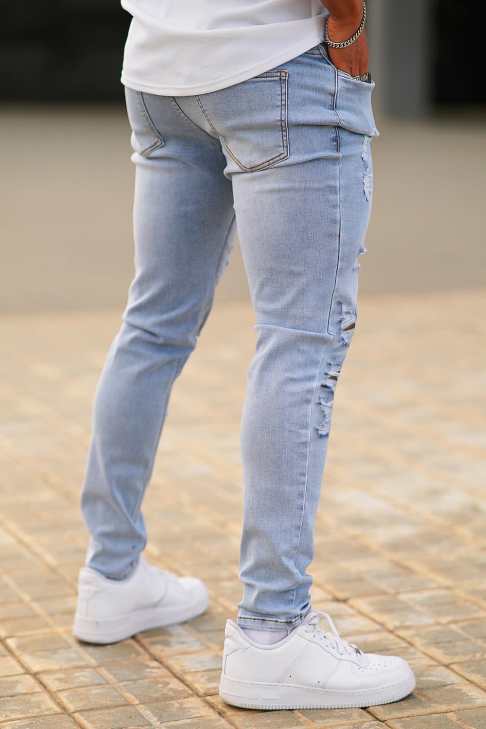 GINGTTO Men's Skinny Jeans Stretch Ripped Tapered Leg, Light Blue Ripped, 30W x 30L