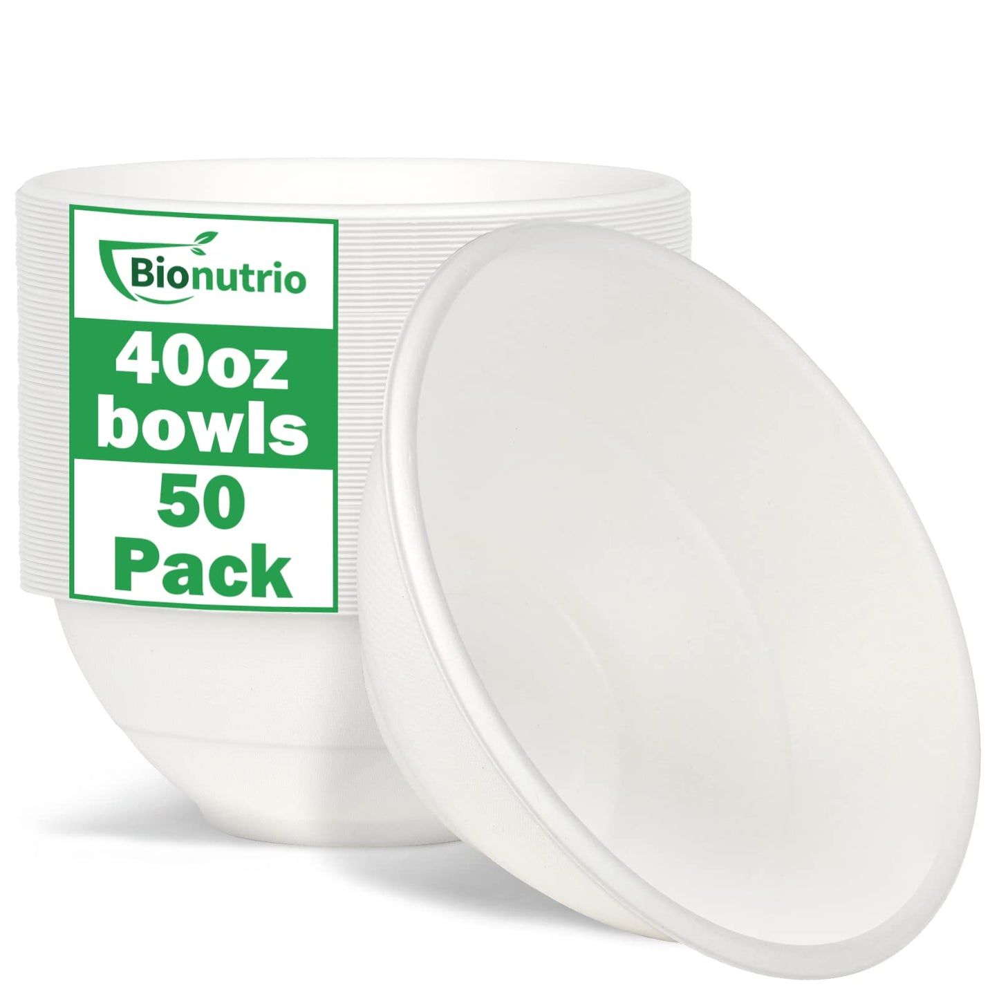 Bionutrio 40oz Large Disposable Bowls, 50 Pack Compostable Paper, Heavy Duty for Hot Soup, White Bagasse, Microwavable Safe for Salad Cereals, Snacks
