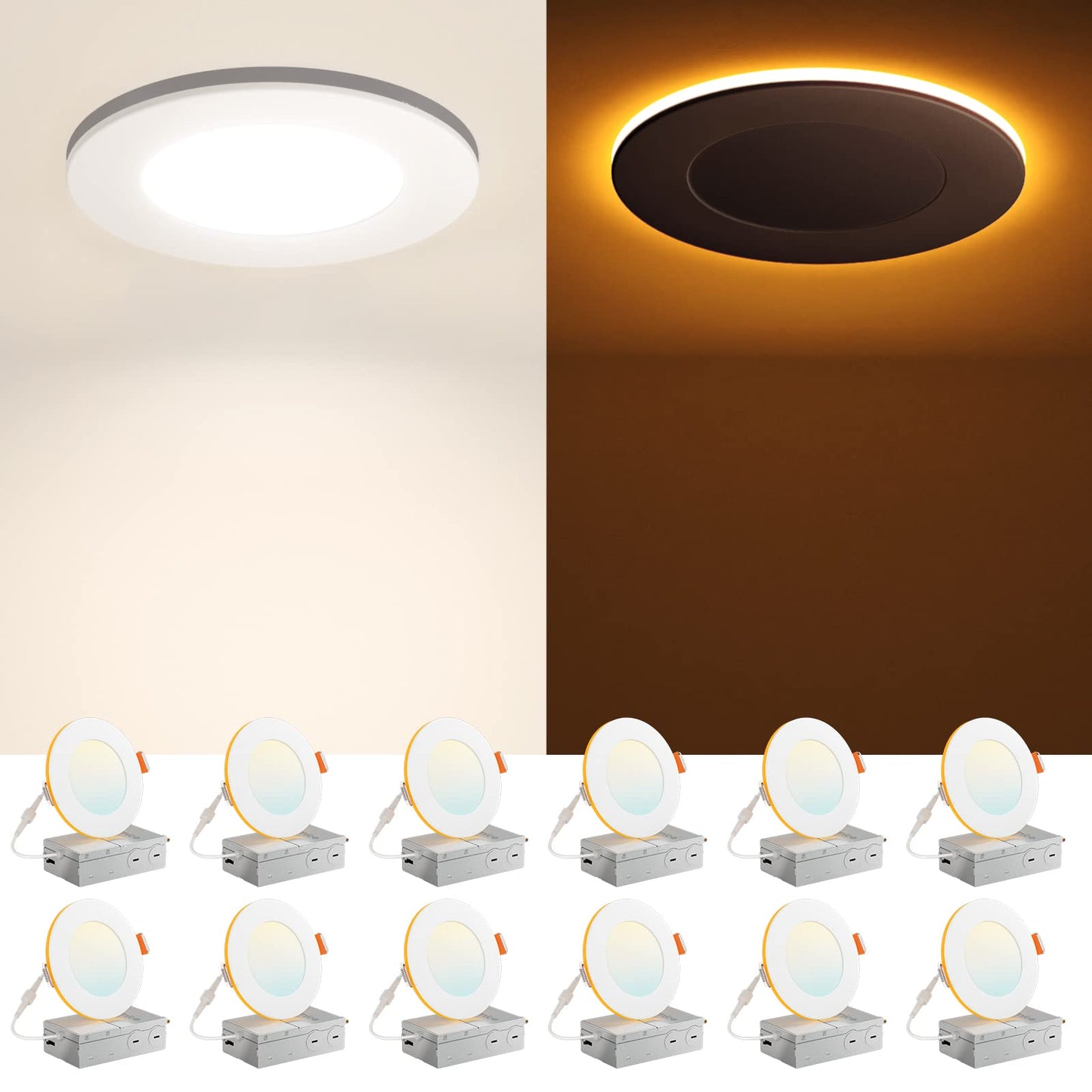 Amico 12 Pack 4 Inch 5CCT Recessed Pot Light with Night Light, 2700K/3000K/3500K/4000K/5000K Selectable, 10W 700LM Dimmable Lumiere Encastre Plafond Led, IC-Rated Light with Junction Box, ETL & FCC