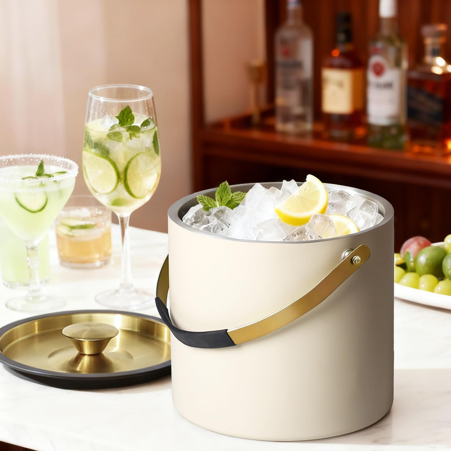 3.2L Modern Insulated Ice Bucket with Silicone Lid, Scoop, Strainer, Double Wall Stainless Steel Ice Bucket for Parties & Cocktail Bar,Ideal for Gift