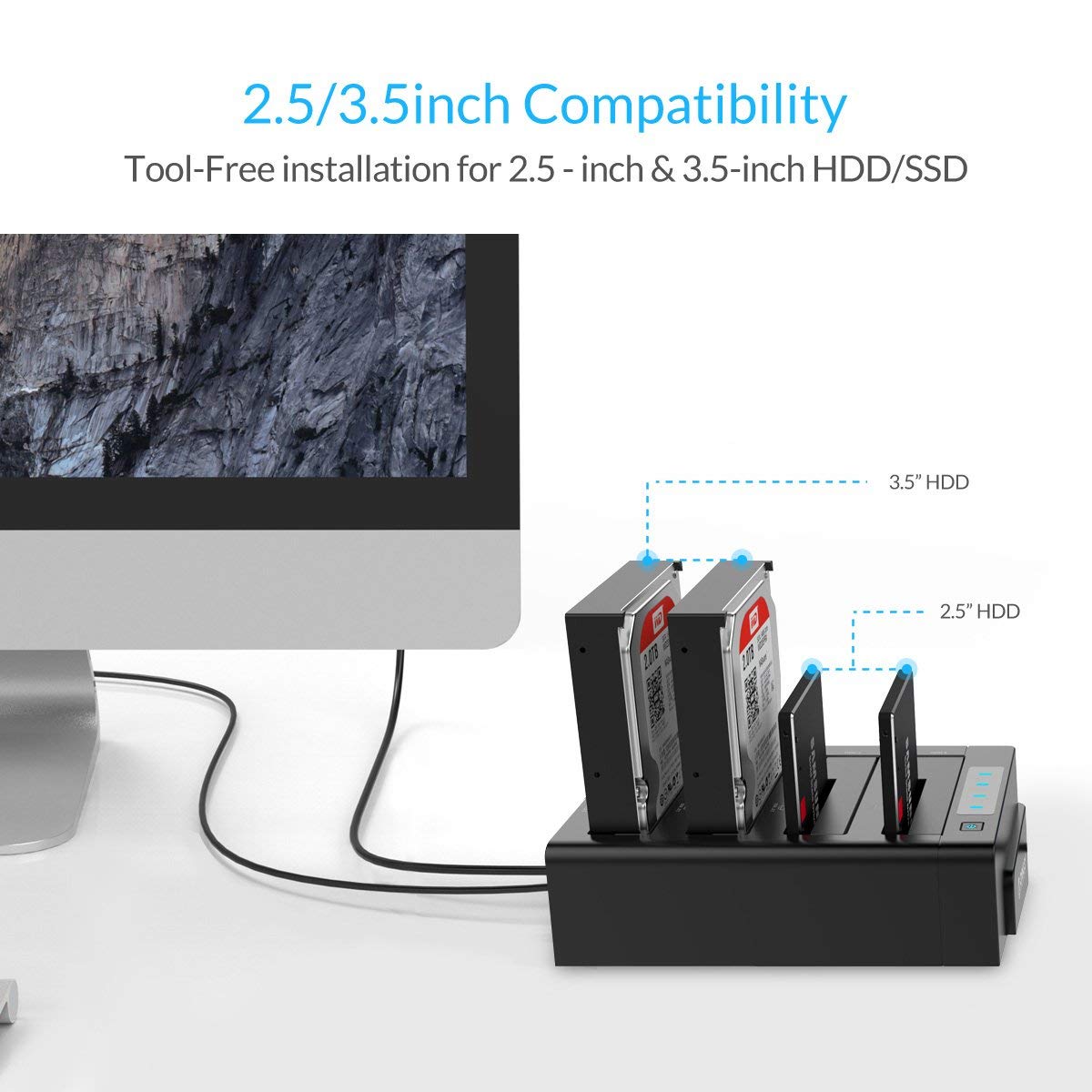 ORICO 4 Bay USB 3.0 SATA Hard Drive Docking Station, Docking Station Encloure for 2.5" and 3.5" Hard Drives, Support of Max. 64 TB, 12V6.5A Power Adapter with Windows/Mac/Linux