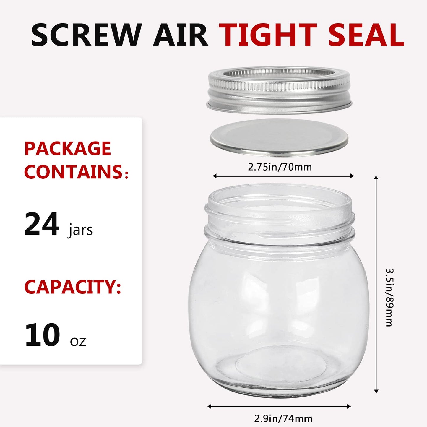 10 oz Glass Mason Jars, 24 Pack 300ml Canning Jars with Regular Mouth Lids, Glass Jars Storage Containers for Overnight Oats, Jam, Jelly, Honey, Beans, Spice, Wedding Party Favors, Shower Favors