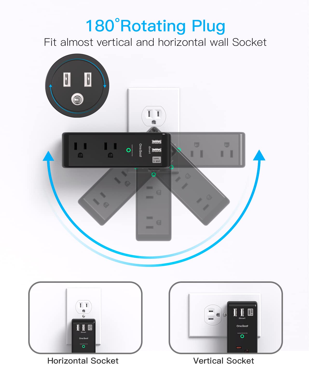 2 Pack Surge Protector Outlet Extender with Rotating Plug, 6 AC Multi Plug with 3 USB Ports (1 USB C), 1800 J, 3-Sided Swivel Power Strip with Spaced Splitter for Dorm Office, Black