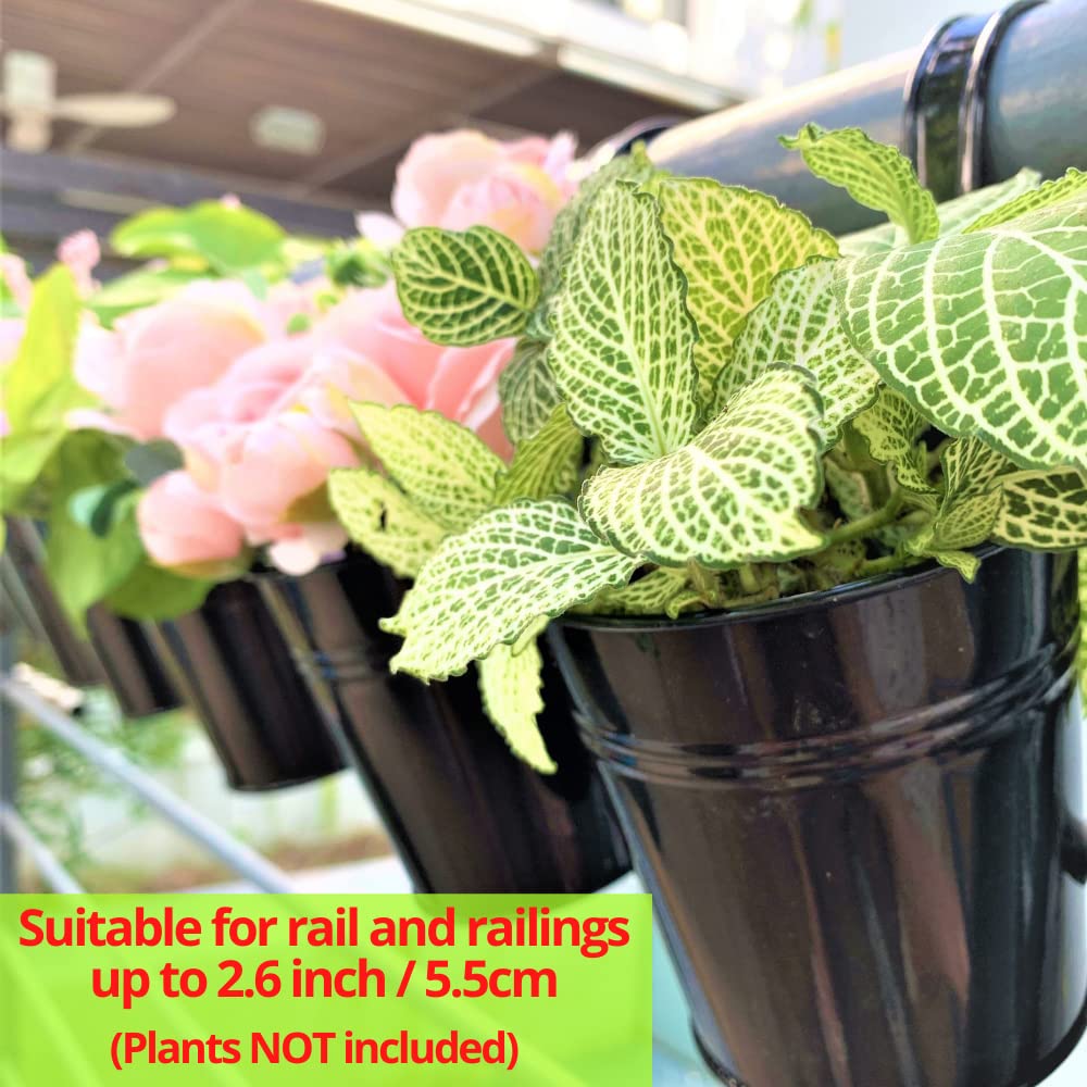LaLaGreen Railing Planter - 10 Pack, 6 Inch Hanging Flower Pot Black, Outdoor Large Metal Iron Fence Bucket, Balcony Garden Wall Deck Porch Patio Rail Decor Hanger Hook Farmhouse Macetas para Balcon