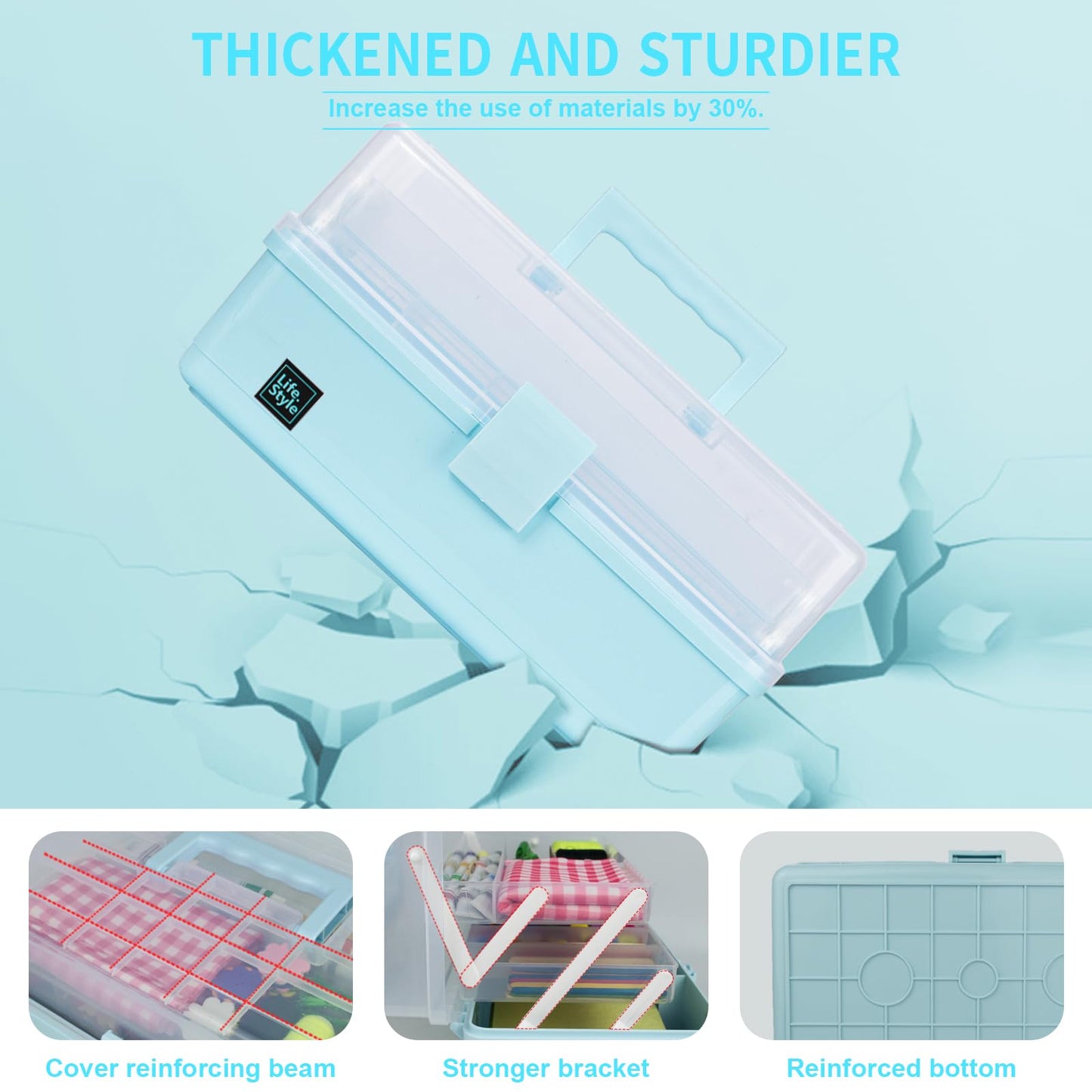 Creahaus 34cm Art Craft Organizer Storage Box with 3 Layers, Multifunctional Plastic Tool Box with Handle for Sewing, Makeup, Medicine, Nail, Hair Accessories for Kids (Blue)