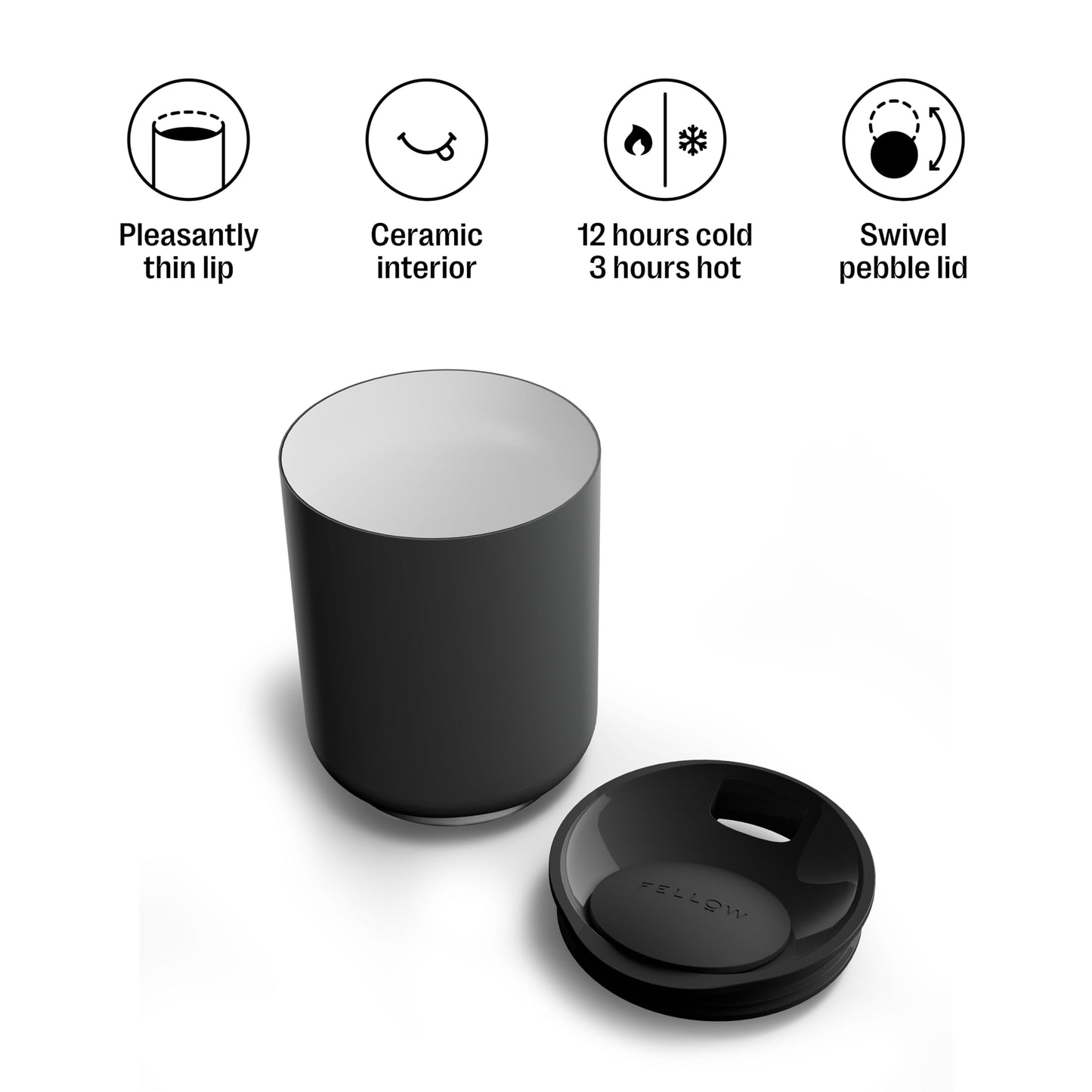 Fellow Rocky Lowball Tumbler Set of 2 - Insulated Stainless Steel Cocktail Tumblers with Ceramic Interior and Swivel Pebble Lid - 10 oz, Matte Black