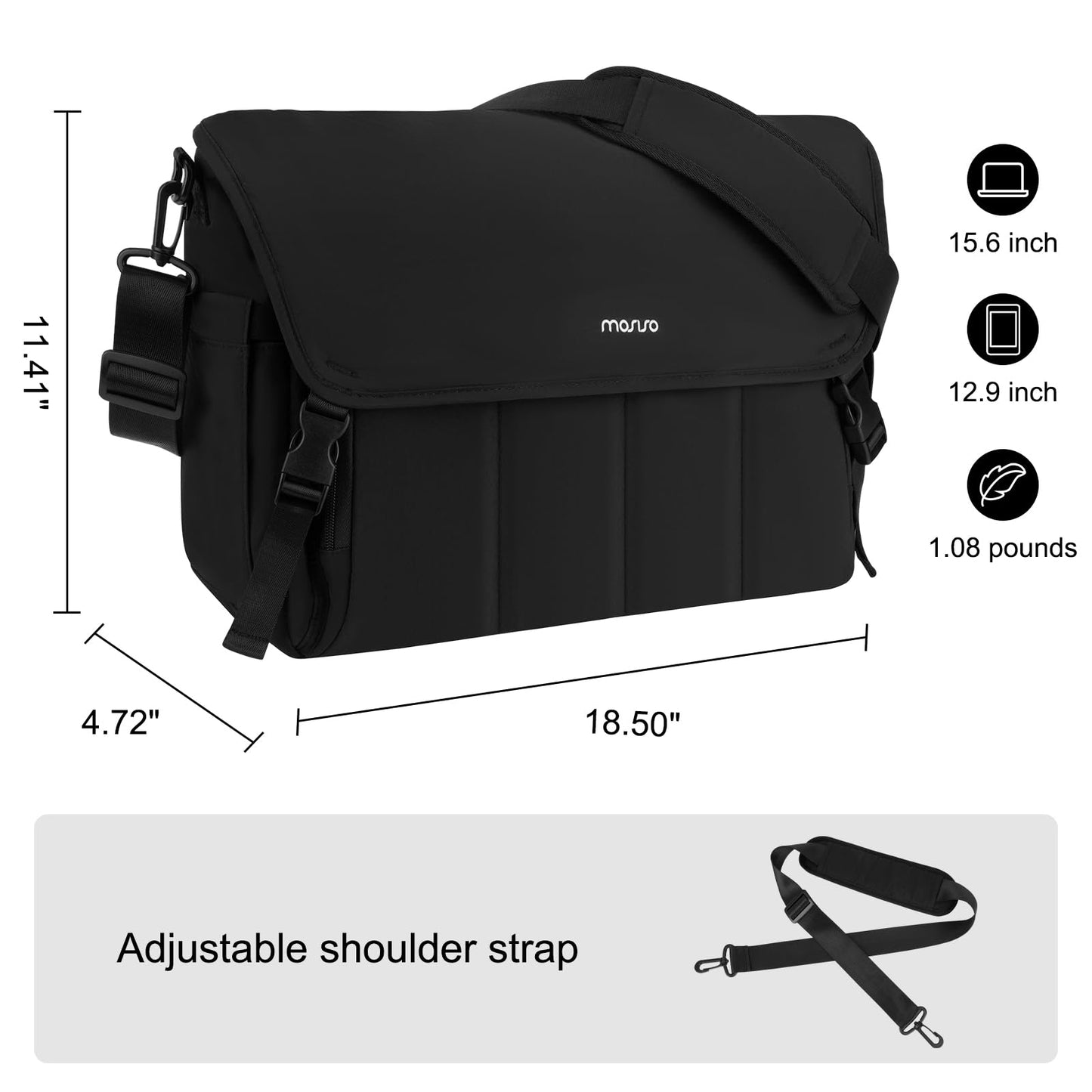 MOSISO Messenger Bag for Men, 15.6 inch Computer Laptop Bags with Laptop Compartment for Work Business Office Travel, Crossbody Satchel bags Briefcase Shoulder Bag Bookbag for College Teacher, Black
